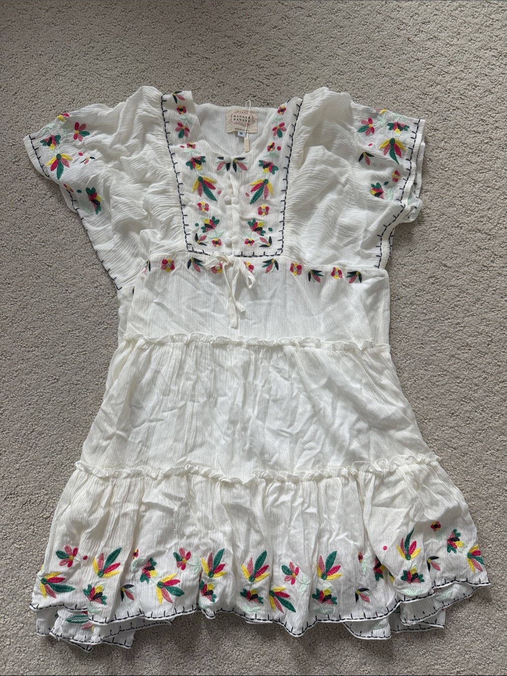 Hannah Banana White Tiered Dress with Multicolor Floral Embroidery